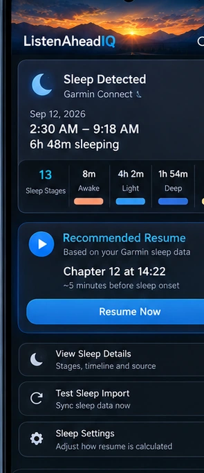 ListenAheadIQ sleep and recommended resume screen